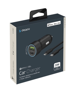 Автомобильное зарядное устройство Deppa, USB Type-C+USB A, Power Delivery,QC 3.0, 20W, +кабель USB-C to Lightning MFi нейлон, белый 11297