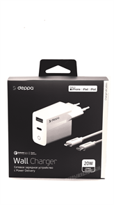 Сетевое зарядное устройство Deppa, USB-C+USB A, Power Delivery, 20W, QC, + кабель USB-C to Lightning MFI белый 11396